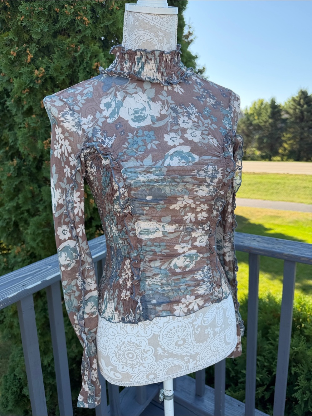 Listicle Brown and Blue Floral Sheer Smocked Ruffle-Neck Top sz M